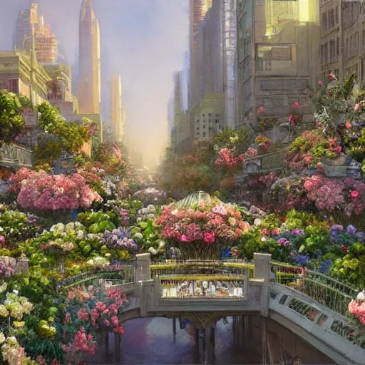 Prompt: a painting of an art - deco cityscape surrounded by flowers, a watercolor and matte painting by donato giancola and mandy jurgens and charlie bowater, cgsociety, artdeco, utopia art, sci - fi, artstation hq