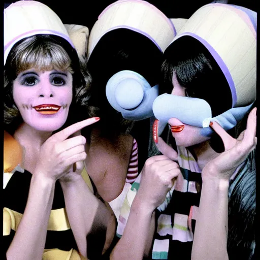 Image similar to 1982 twin women on tv talk show wearing an inflatable long prosthetic snout nose soft color wearing stripes 1982 color film archival footage 16mm John Waters Russ Meyer Almodovar Doris Wishman