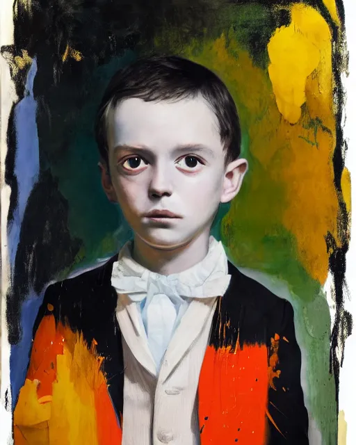 Prompt: portrait of a child in tuxedo painted by vincent lefevre and hernan bas and pablo amaringo and pat steir and hilma af klint, background in high definition 3 d, psychological, photorealistic, dripping paint, washy brush, rendered in octane, altermodern, masterpiece