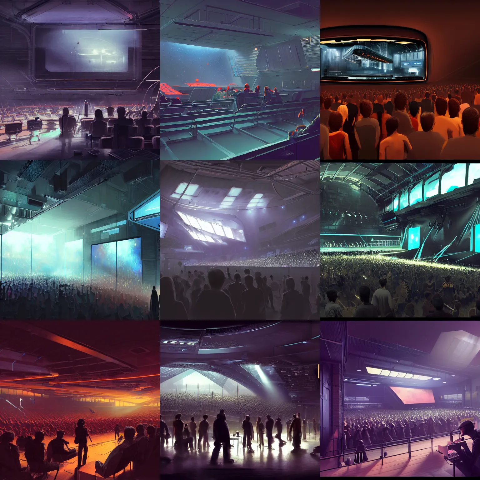 Prompt: digital render concept art of a very small! dark futuristic musical venue with a large bright screen in front of twenty people by syd mead and craig mullins, grey, realistic, octane render, high detail, environment, sharp focus, artstation