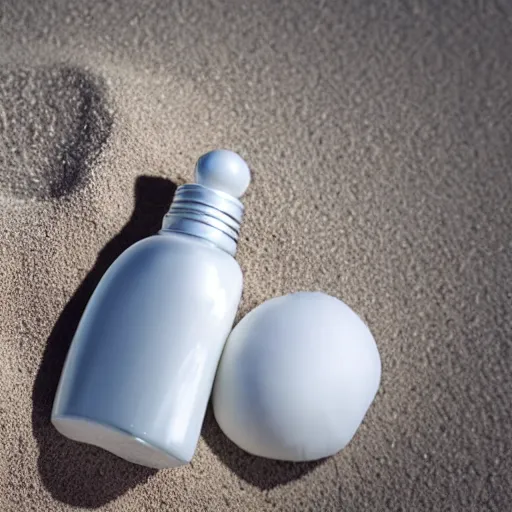 Image similar to centered white perfume bottle next to halved - coconuts, with white crisp zen soft - sandy - beach background, illumination lighting, sharp focus, vogue, hartper's bazaar