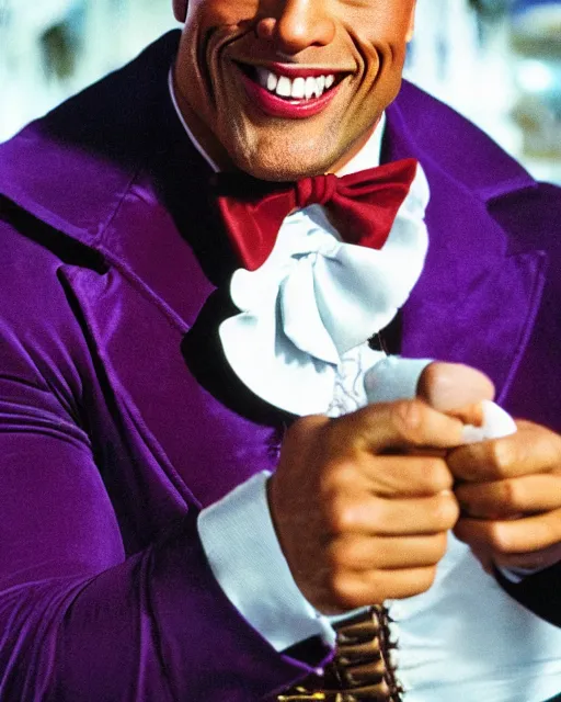 Image similar to Film still close-up shot of Dwayne Johnson as Willy Wonka from the movie Willy Wonka & The Chocolate Factory. Photographic, photography