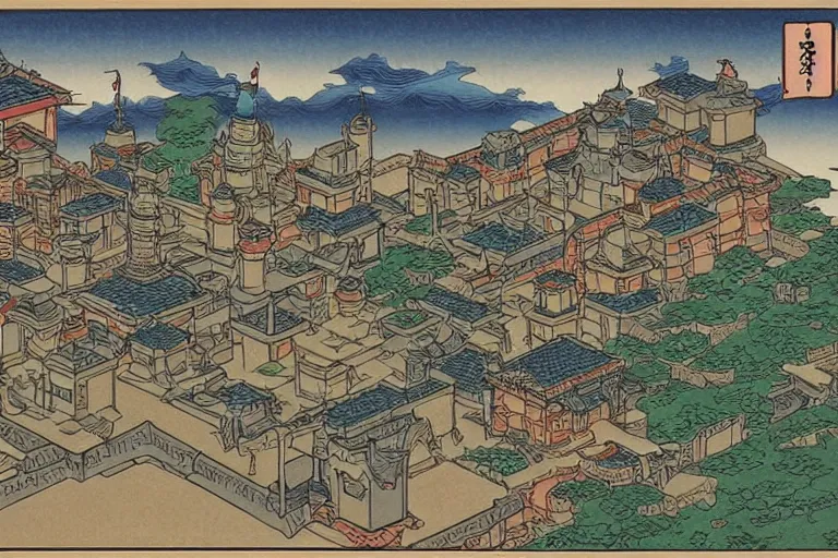 Prompt: a dungeons and dragons castle town. first person view from alleyway. r / retrofuturism and ukiyo - e