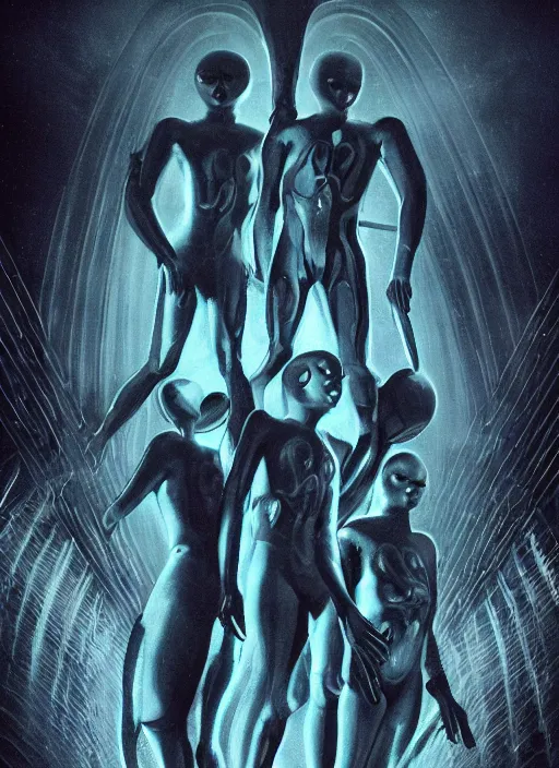 Image similar to symmetrical astronauts in dark and empty void underwater - complex and hyperdetailed technical suit. reflection and dispersion materials. rays and dispersion of light. volumetric light. 5 0 mm, f / 3 2. noise film photo. flash photography. ultra realistic, wide angle. poster by wayne barlowe, hajime sorayama aaron horkey, craig mullins