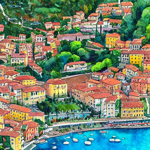 Prompt: The village of Menton, Southern France. Isometric aerial view. Watercolor illustration. Very detailed, whimsical, award winning.