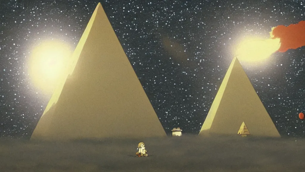 Prompt: a movie still from a studio ghibli film showing a floating large white pyramid with a gold gapstone, a grey alien, and a ufo on a misty and starry night. by studio ghibli