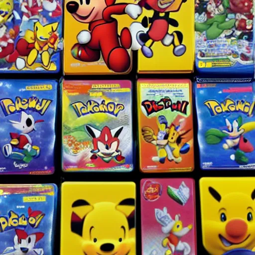 Image similar to photograph of winnie the pooh and super mario and sonic the hedgehog anime style, on pokemon card packs at target