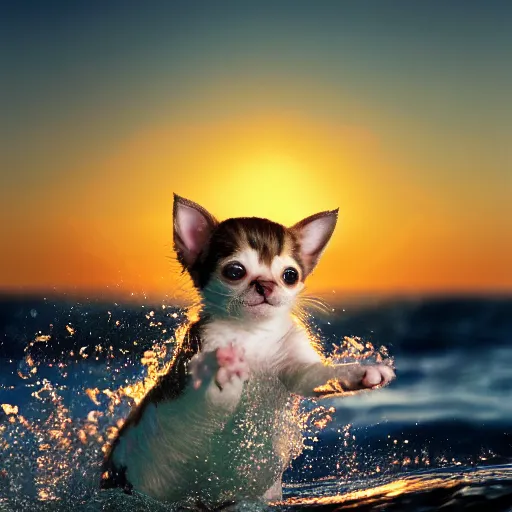 Image similar to a closeup photorealistic photograph of a cute kitten - chihuahua hybrid splashing in the surf during sunset. professional capture, well lit shot. this 4 k hd image is trending on artstation, featured on behance, well - rendered, extra crisp, features intricate detail, epic composition and the style of unreal engine.