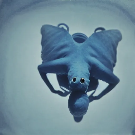 Image similar to a cyanotype of a strange creature crawling on the ceiling of a living room