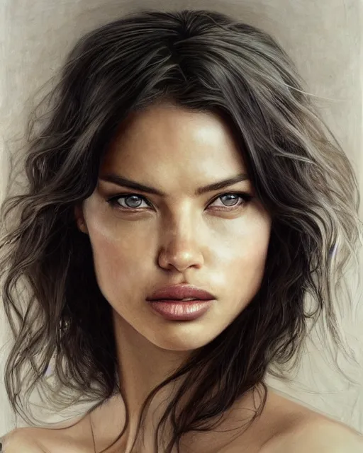 Image similar to cinematic portrait of adriana lima, intricate, elegant, by alyssa monks, highly detailed, symmetrical face, fine details, masterpiece, trending on artstation