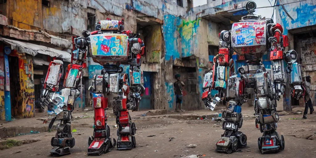 Prompt: giant mecha ROBOT of AJEGUNLE SLUMS of Lagos, graffiti on robots,