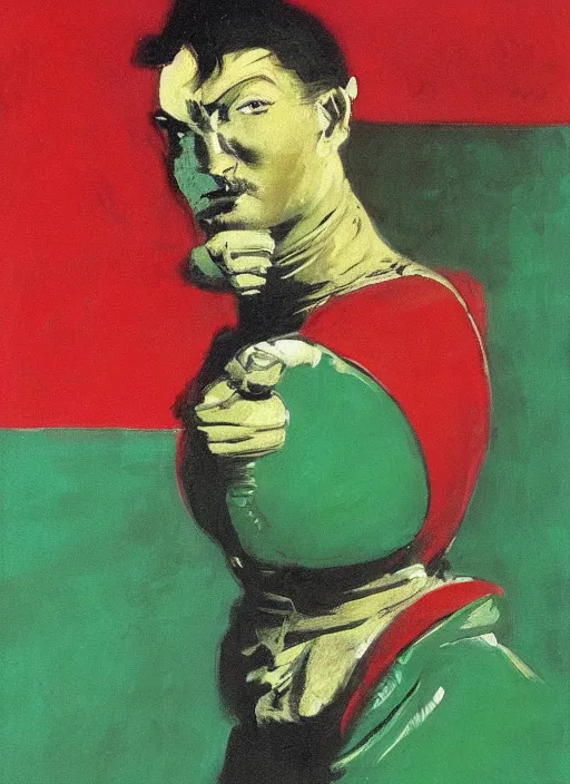 Prompt: portrait of noble fencer, coherent! by mariusz lewandowski, by frank frazetta, deep color, strong line, red green black teal, minimalism, high contrast