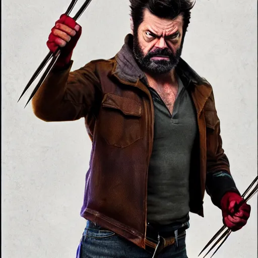 Image similar to logan wolverine pictured as nick offerman, photorealistic marvel movie still, imdb, detailed, 8 k, poster photosession style, deviantart and artstation top picks