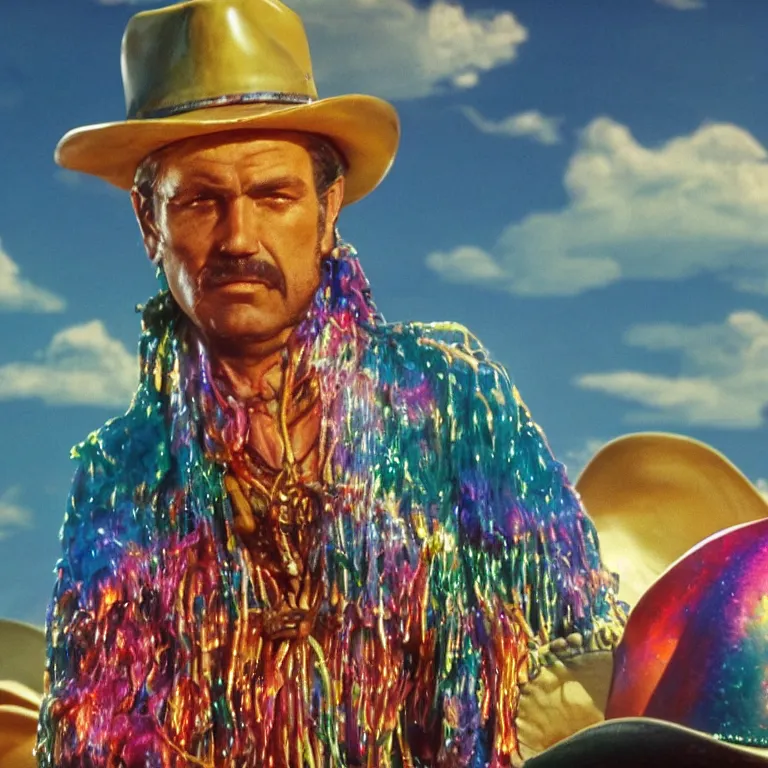 Prompt: 1 9 7 0's spaghetti western film octane render portrait by wayne barlow and carlo crivelli and glenn fabry, a person wearing a shiny colorful iridescent latex suit and cowboy hat covered in colorful slime, standing in a colorful scenic western landscape with multicolored clouds, cinema 4 d, ray traced lighting, very short depth of field, bokeh