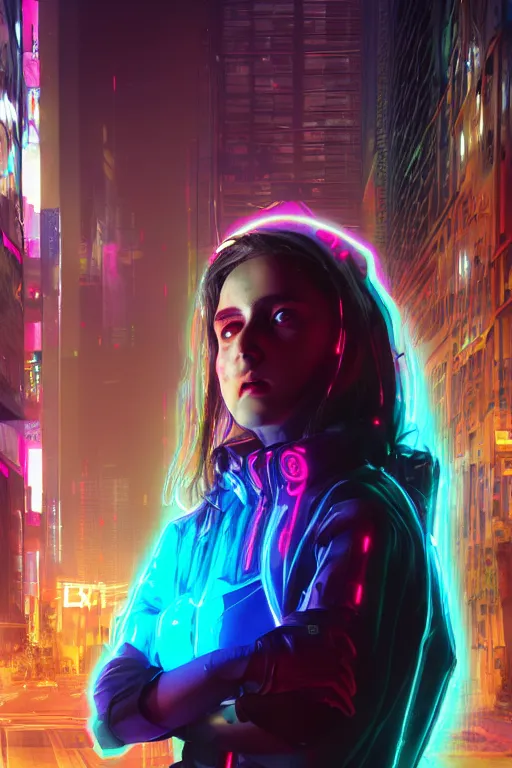 Prompt: hyperrealism portrait, digital art, wallpaper of a cyberpunk cyborg teenage girl, in a cyberpunk city, diffused lighting, neon ambient lighting, by laura zalenga, 8 k dop dof hdr, vibrant