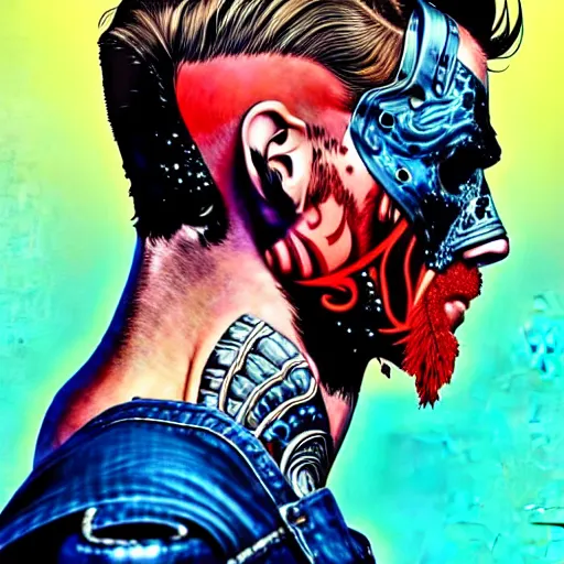 Prompt: a portrait of a back man with side profile blood in ocean intricate details :: side profile :: futuristic mask :: by MARVEL comics and Sandra Chevrier