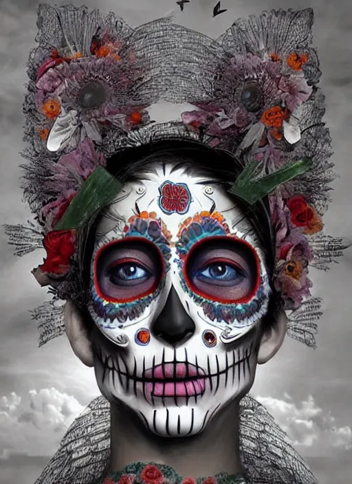 Image similar to dia de los muertos theme surrealist art in the styles of igor morski, jim warren, and giuseppe mastromatteo, intricate, hyperrealistic, accurate facial details, profile picture with chromakey!!!!! background, volumetric lighting