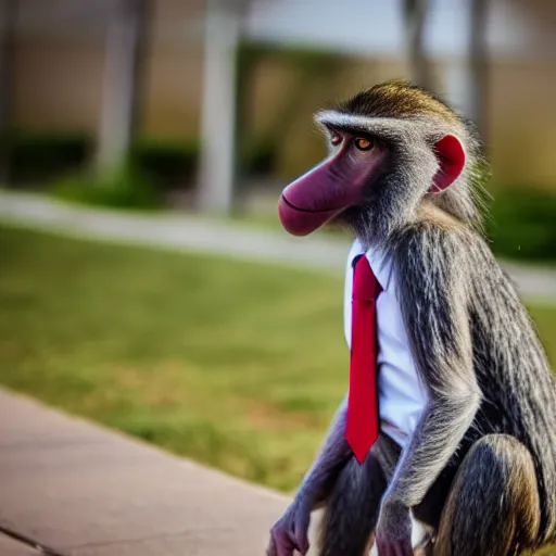 Prompt: baboon wearing a suit and tie, ready for a meeting