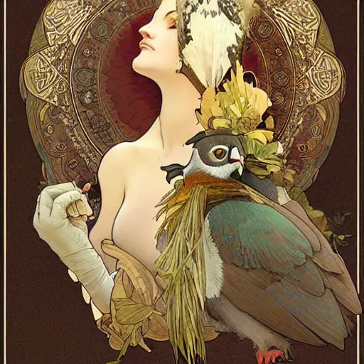 Image similar to Portrait of anthropomorphic Pigeon. Beautiful digital art by Greg Rutkowski and Alphonse Mucha. pigeon head