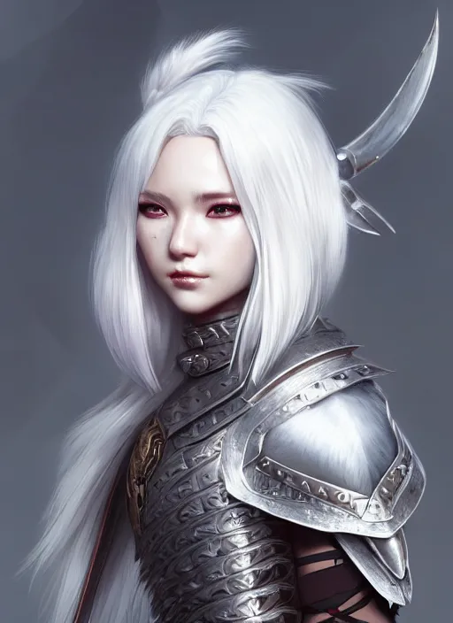 Image similar to warrior, fur leather armor!!! beautiful and elegant white hair female!! gorgeous ayes!! character concept art, sharp focus, octane render! unreal engine 5! highly rendered!! trending on artstation!! detailed linework!! illustration by artgerm, wlop, and chie yoshii