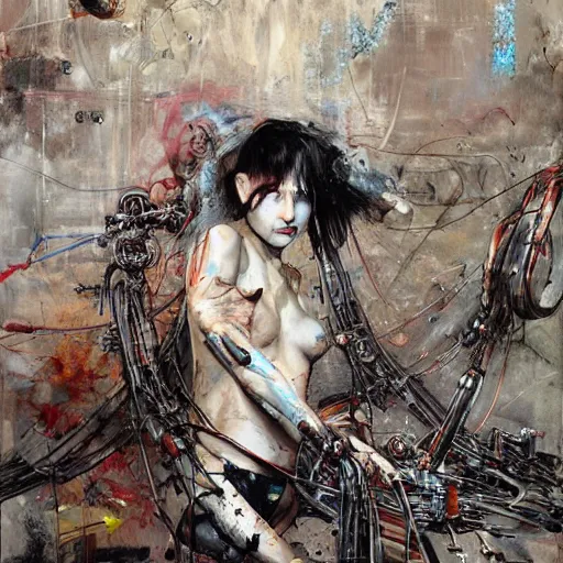 Prompt: mad max wires cybernetic implants, abandoned steelworks, grime and grunge, in the style of adrian ghenie, esao andrews, jenny saville,, surrealism, dark art by james jean, takato yamamoto