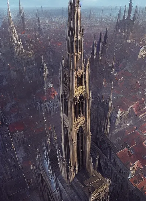 Prompt: a teenage girl stands on top of the tallest spire in a gothic fantasy city. zoomed out view. beautiful painting by greg rutkowski