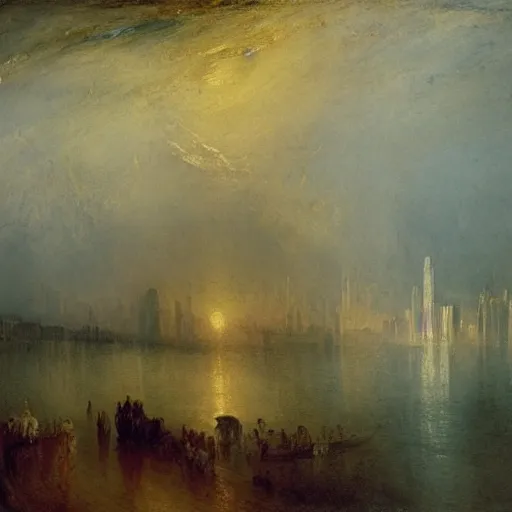 Image similar to high quality oil painting by j. m. w. turner, hudson river with manhattan skyline
