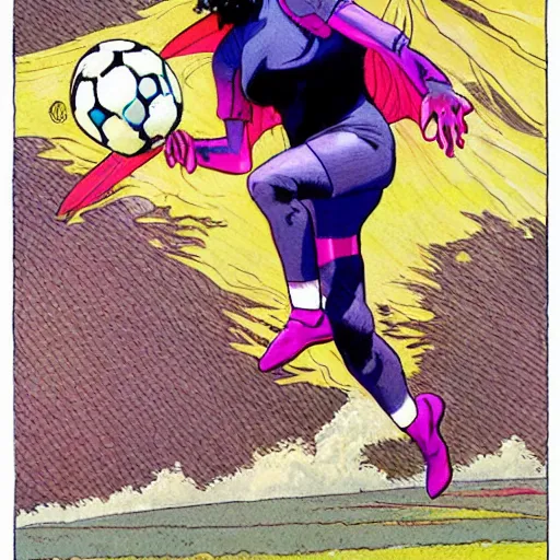 Image similar to a succubus playing soccer, colorful Epic portrait by james gurney and mœbius.