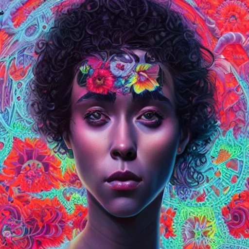 Image similar to portrait of lashana lynch, hyper detailed masterpiece, neon floral pattern, jean giraud, digital art painting, darkwave goth aesthetic, psychedelic, artgerm, donato giancola and tom bagshaw