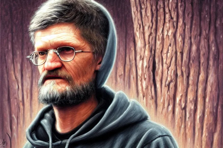 Image similar to ted kaczynski in a hoodie. log cabin background. oil painting elegant, highly detailed, centered, digital painting, artstation, concept art, smooth, sharp focus, illustration, artgerm, tomasz alen kopera, peter mohrbacher, donato giancola, joseph christian leyendecker drew struzan