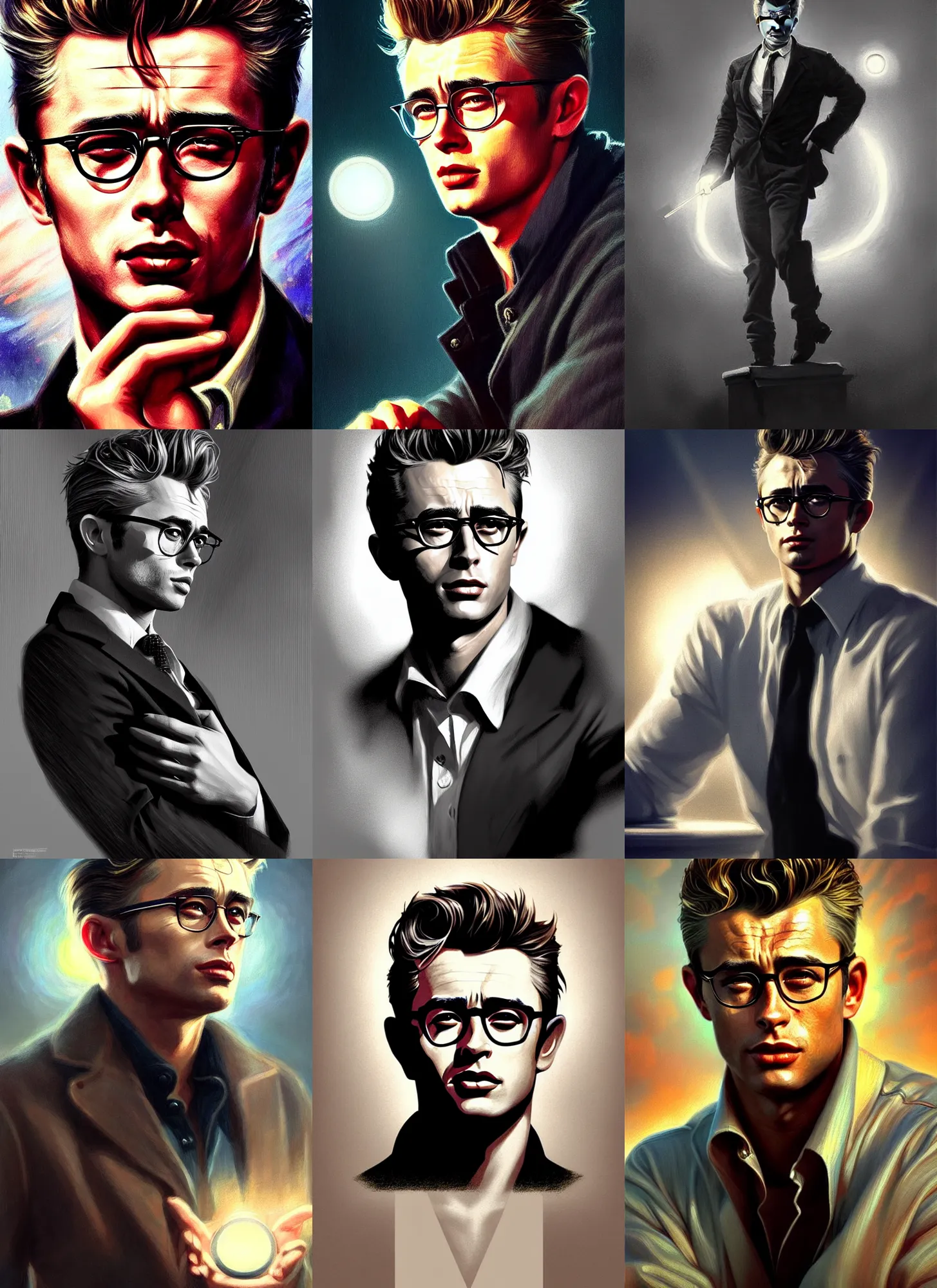 Prompt: james dean as us president, fantasy magic, light night, intricate, elegant, sharp focus, illustration, highly detailed, digital painting, concept art, matte, art by wlop and artgerm and ivan shishkin and andrey shishkin, masterpiece