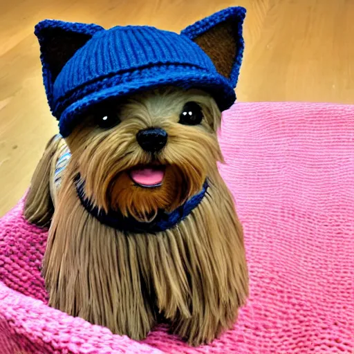 Image similar to a closeup photorealistic smiling knitted plush yorkshire terrier wearing a fedora hat.