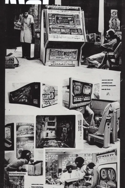 Prompt: magazine article about a videogame arcade in an egyptian temple, photojournalism, 1980s