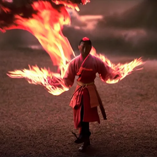 Image similar to cinematic film still Pharrell Williams starring as a Samurai holding fire, Japanese CGI, VFX, 2003, 40mm lens, shallow depth of field,film photography