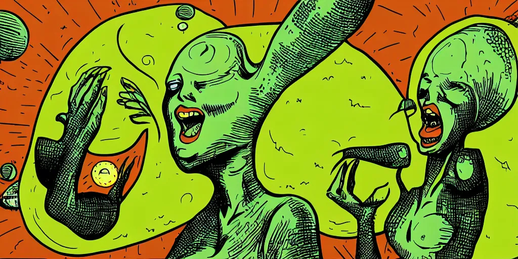 Image similar to apocalyptic ufo woman is screaming and crying after alien invasion on planet earth style in the year seventies, illustration, green color scheme