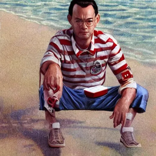 Image similar to tom hanks as forrest gump has shrimps instead of hands, photorealistic, cgsociety, artstation