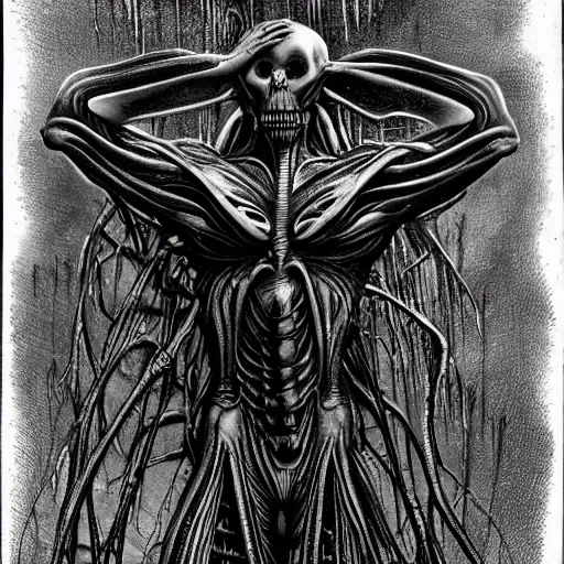 Prompt: vecna, alien landscape behind him, in the style of h. r. giger, ominous, gloomy