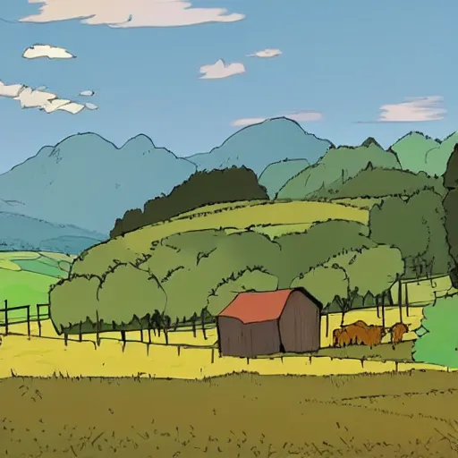 Prompt: A farm in the country side of Switzerland, in the style of Waltz with Bashir