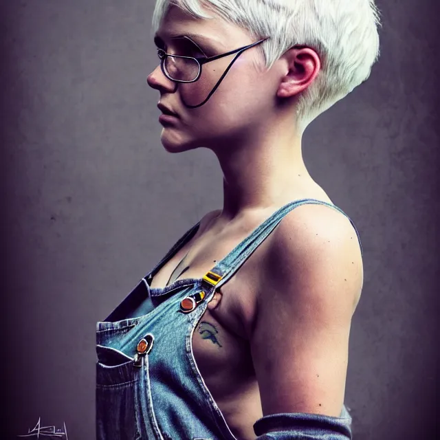 Image similar to full body pose, beautiful adult woman, short white hair shaved sides, dirty, grungy, grunge, long sleeve, painted overalls, stacks of giant books, highly detailed, 4 k, hdr, smooth, sharp focus, high resolution, award - winning photo, artgerm, photorealistic