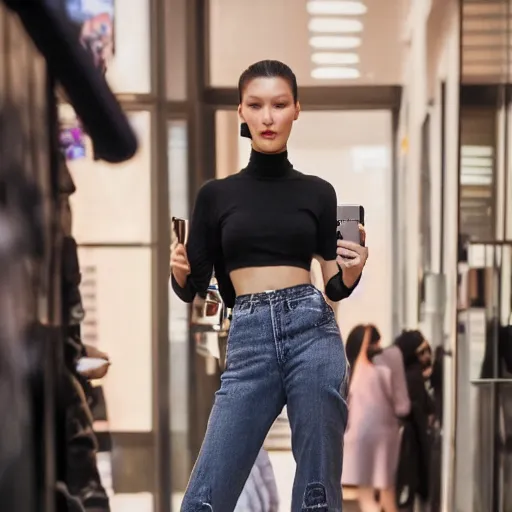 Prompt: bella hadid taking a selfie in seoul, photorealistic, dynamic light, ultra detailed