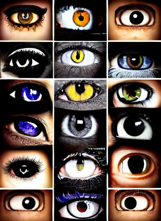 Image similar to grid montage of cube shaped eyes, square shaped black dilated pupils, cube shaped irises, detailed colored textures, eyelashes, advanced art, art styles mix, from wikipedia, wet reflections in square eyes, sunshine light, hd macro photograph, from side, various eyelid positions, square black pupil centered