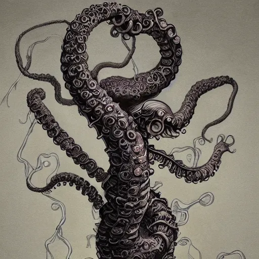 Image similar to full body shot of a man with a tentacle arms by junji ito and james jean and esao andrews, 4 k, hyperdetailed, hyperrealistic, trending on artstation, pencil art on paper, horror, dramatic lighting