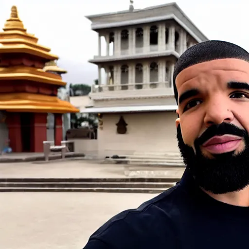 Prompt: photo of drake, short hair, beard, hindu temple in background