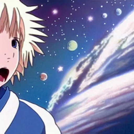 Image similar to Spirited away, guy with dark blonde hair and blue eyes in space, beautiful