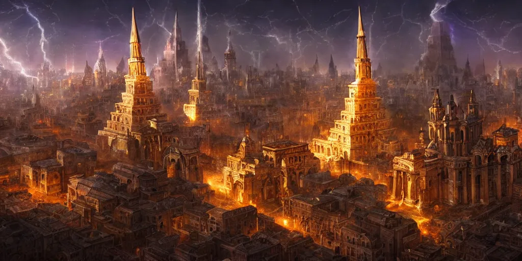 Image similar to magical city of the Great Tartarian Empire adorned with amazing lost technology, lighting resembling fireflies, spires from rooftops collecting and distributing etheric energy, the centerpiece of the city is a colossal ancient pyramid made of metal, cityscape, combining intense detail & utmost quality, Christian Hecker, Artstation, - H 832