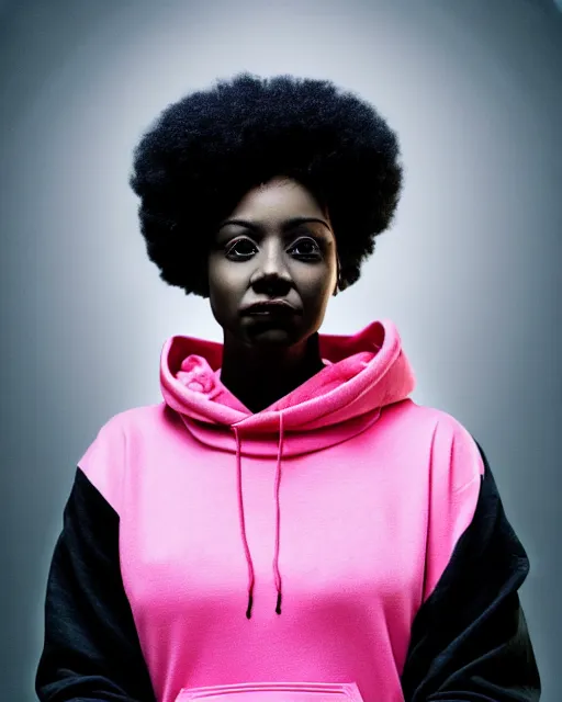 Prompt: photo-realistic portrait of a young black woman with pink hair, wearing a black hoodie, intricate details, cyberpunk, super-flat, in the style of Jean Auguste Dominique Ingres, black background