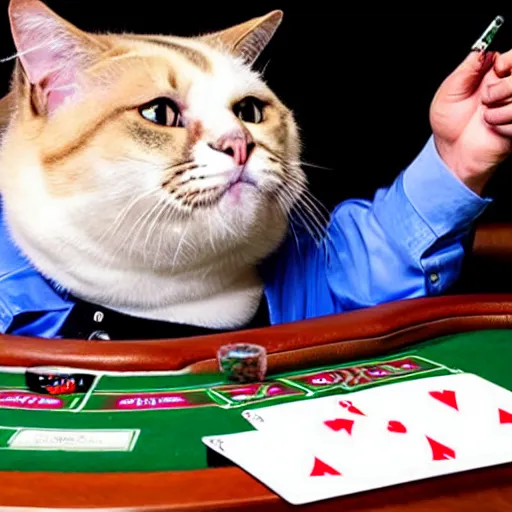 Prompt: fat cat gambling at a poker table smokey photo