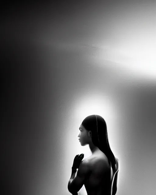 Prompt: black and white high quality photo of a beautiful female human-cyborg looking into a sci-fi mirror, volumetric lighting, liminal space, brutalism, foggy, dreamy, hyperdetailed, bokeh, photorealistic, cinematic, masterpiece, Metropolis, elegant, dark, octane render, 8K, in the style of Man Ray