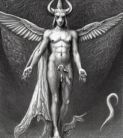 Image similar to baphomet pencil illustration by gustave dore, highly detailed, centered, concept art, smooth, sharp focus, illustration