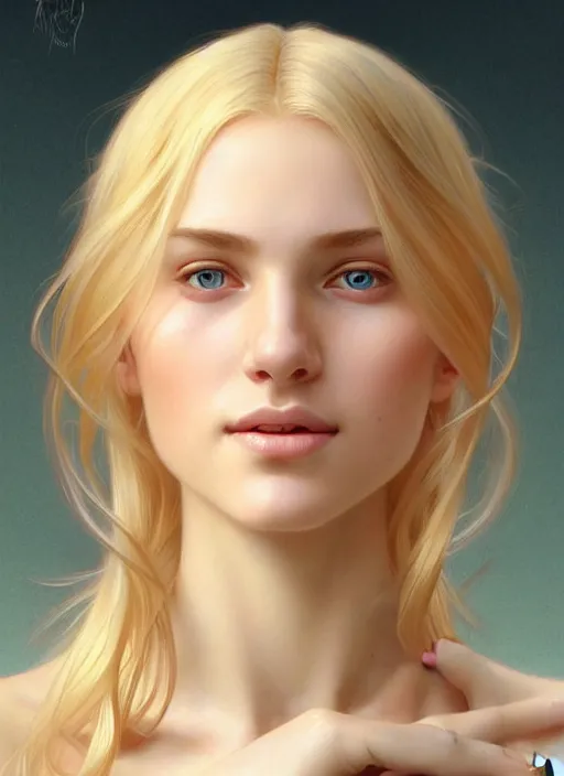 Image similar to beautiful feminine face! portrait of young woman blessed by god with ever - increasing physical and mental perfection, blonde hair, symmetrical! intricate, elegant, highly detailed, vision of holy perfection!! smile, digital painting, artstation, concept art, smooth, sharp focus, illustration, art by artgerm and greg rutkowski and alphonse mucha